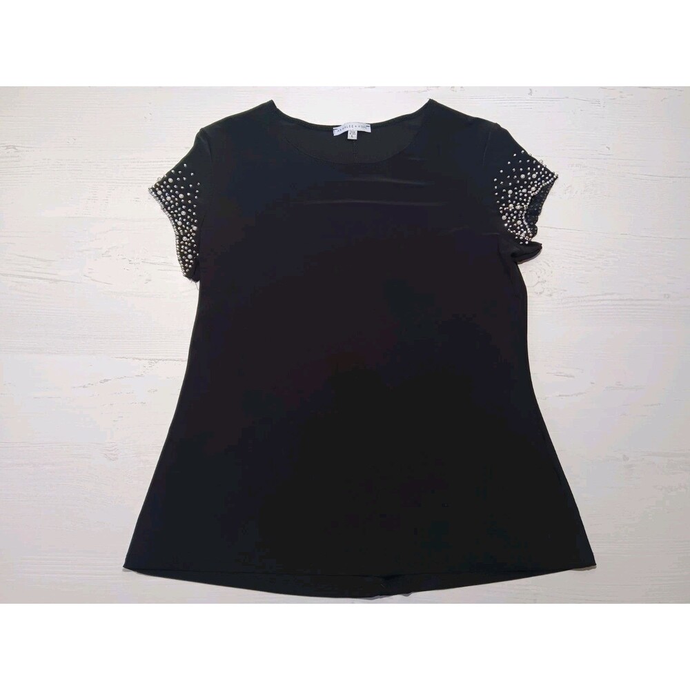 Annalee+Hope Black Blouse/Top Pearl and Beaded Sleeves Large USA *See Pics Spot